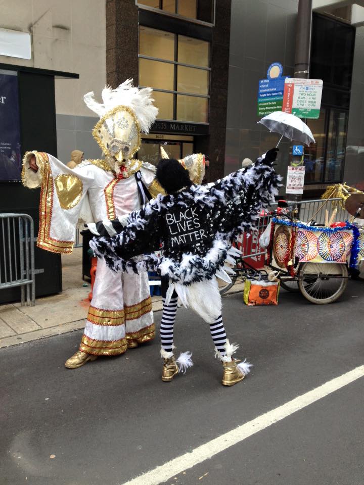 A Mummer wearing a Black Lives Matter outfit (photo by Courtney Blue)