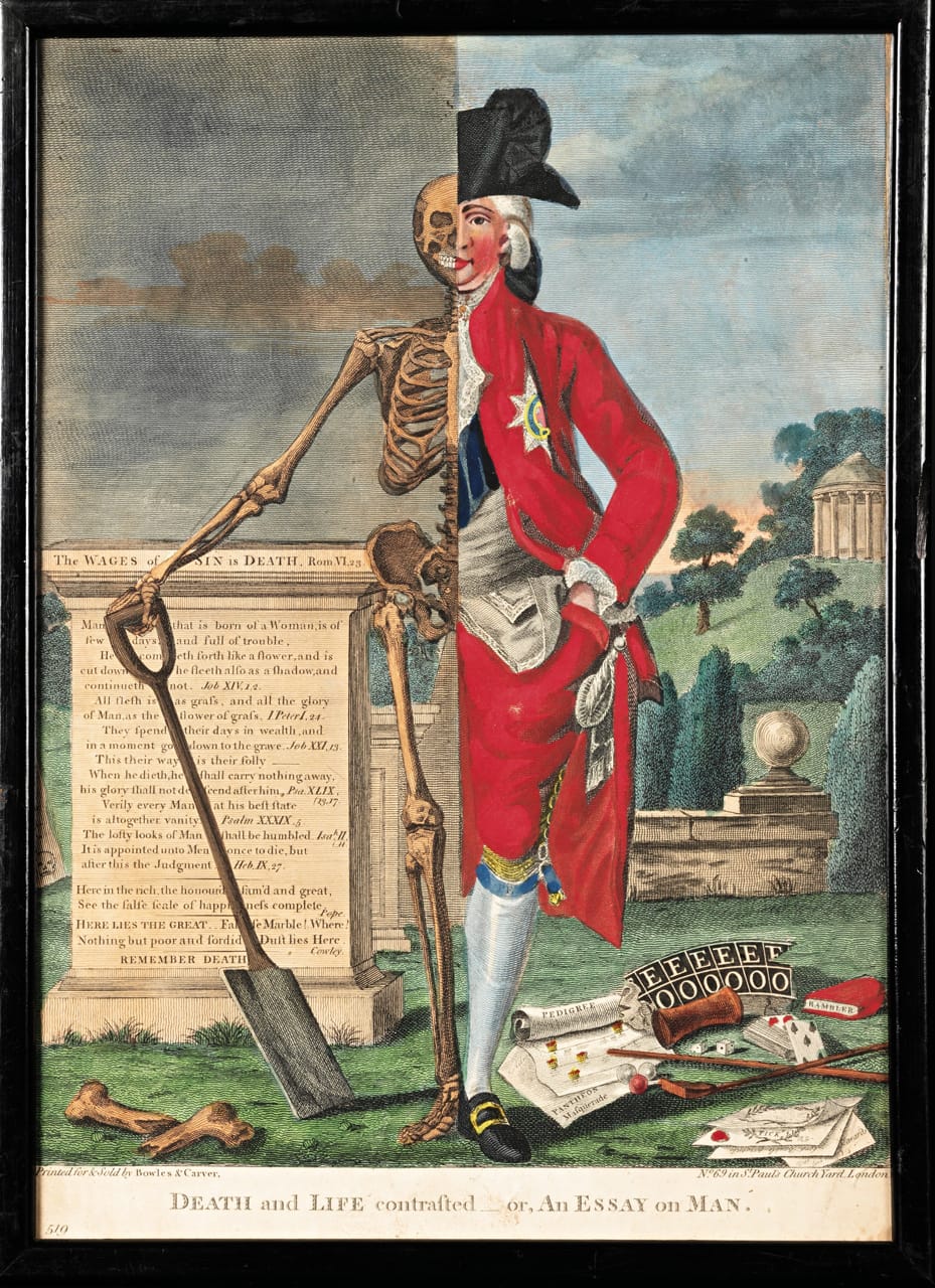 One of a pair of English hand-colored woodcut engravings, from Valentine Green's 'Death and Life Contrasted — or, An Essay On Man; An Essay On Woman' (1770, London), printed by Bowles and Carver, published by the artist.
