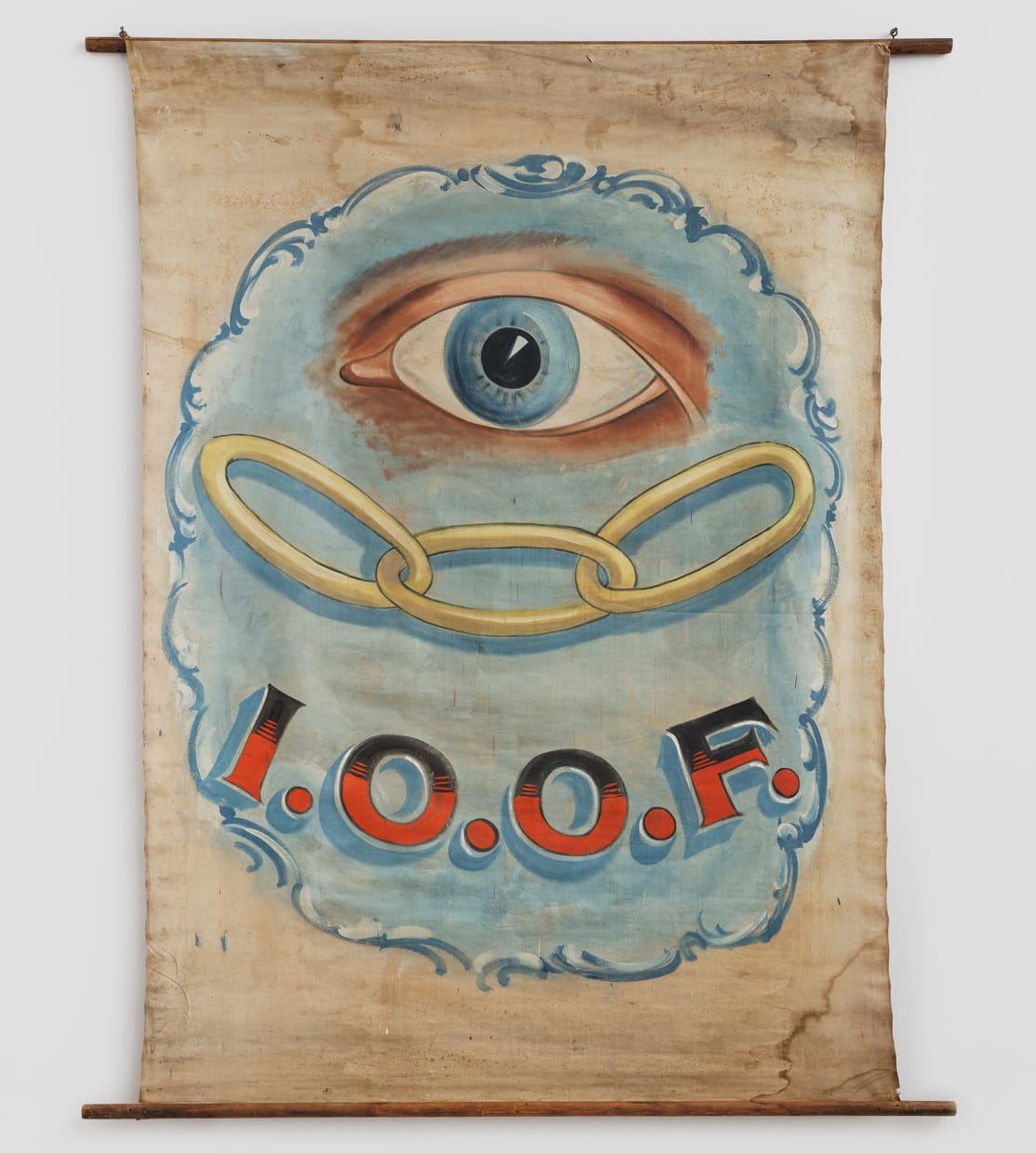 Independent Order of Odd Fellows Banner, Artist unidentified (United States, 1900–1920), paint on canvas, with wood and metal, 88 1/2 x 71 inches (courtesy American Folk Art Museum)