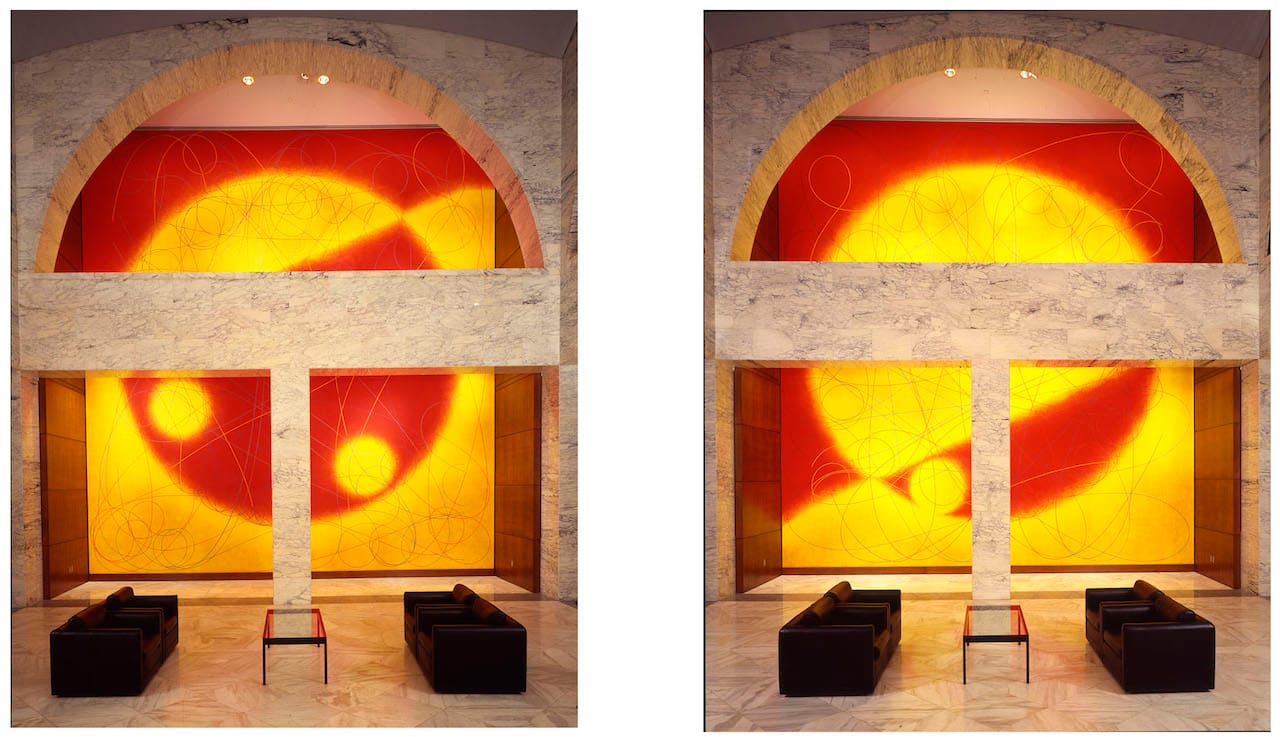 Dorothea Rockburne, "Northern Sky" (left) and "Souther Sky" (right) (1993) (Lascaux Aquacryl paint, Berol pencils, Artstix, and UV protective finish) (courtesy the artist)