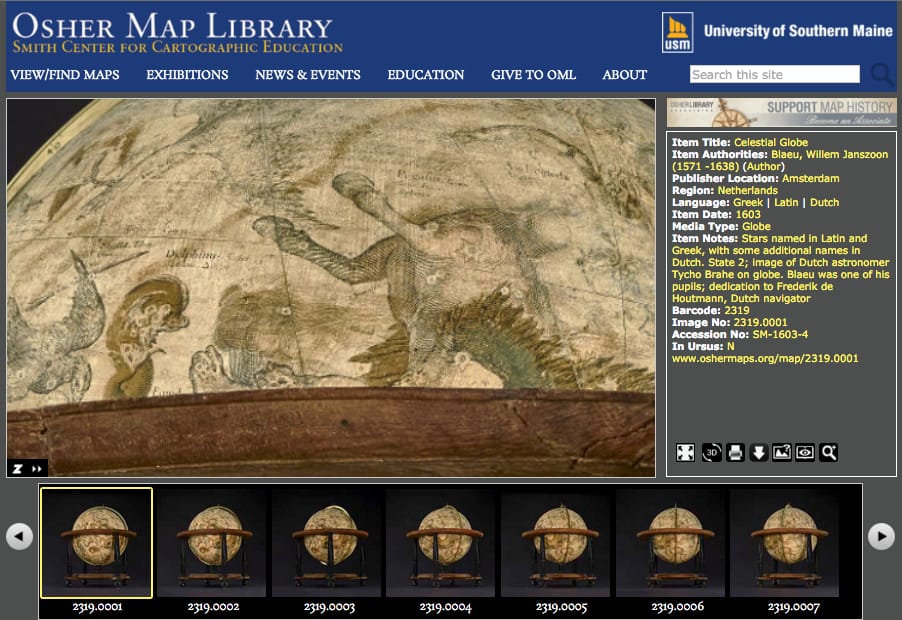 The digitized 1603 Blaeu celestial globe online at the Osher Map Library (screenshot by the author for Hyperallergic)