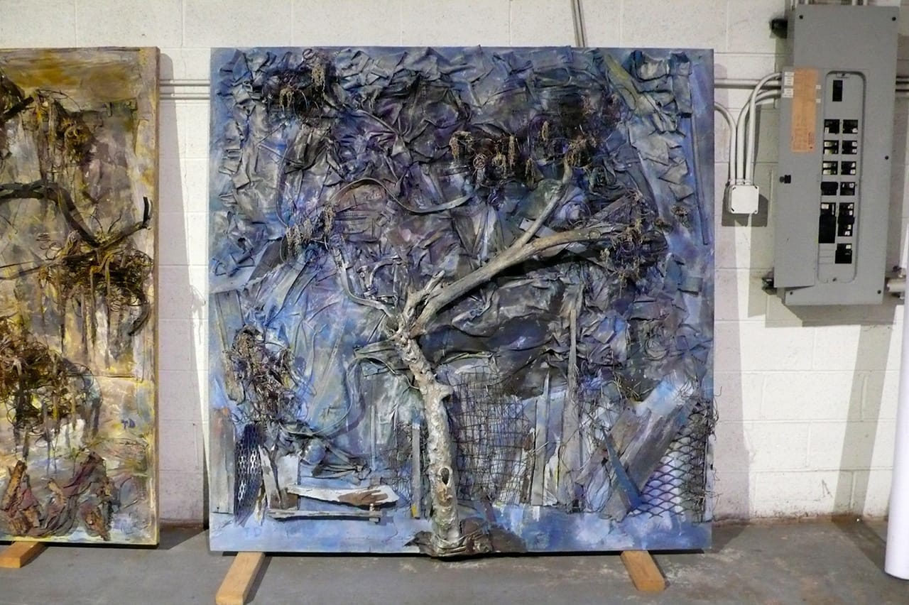 Thornton Dial, “The Freedom Side” (2012), wood, metal, clothing, springs, string, wire, plastic, and enamel on canvas on wood, 72 x 72 inches; third panel in a triptych consisting of “Weeping Tree,” “After the Burn” and “The Freedom Side” (photo by the author for Hyperallergic) (click to enlarge)