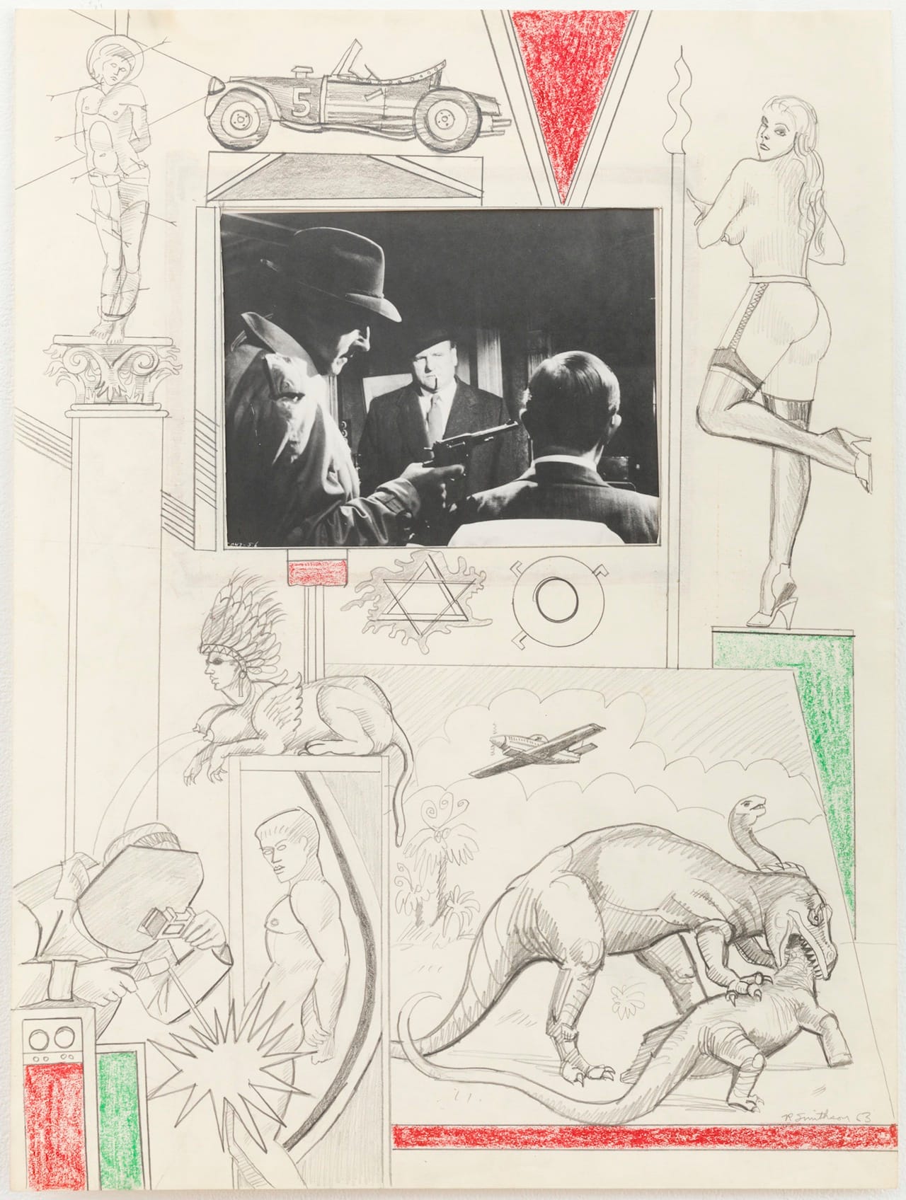 Robert Smithson, "Untitled [Fighting dinosaurs, lactating sphynx with Indian headdress]" (1963), pencil and crayon with collage on paper, 24 x 18 in