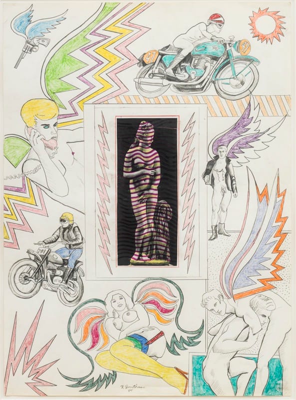 Robert Smithson, "Untitled [Venus with lightning bolts]" (1964), pencil and crayon with collage on paper, 30 x 22 in (click to enlarge)