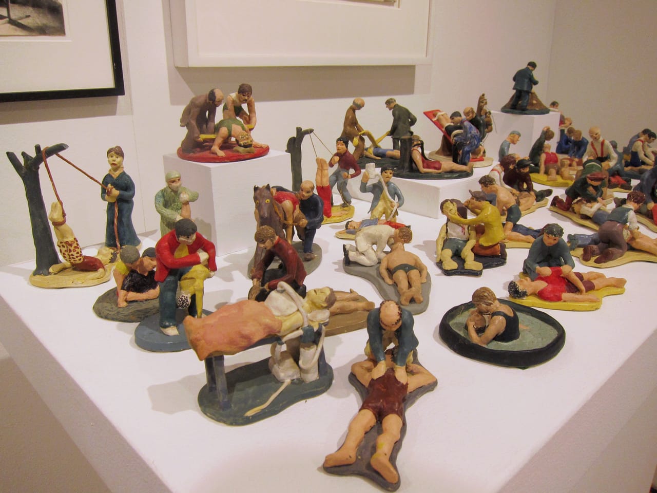 Painted clay sculptures by Susan Gerard at Fred Giampietro Gallery