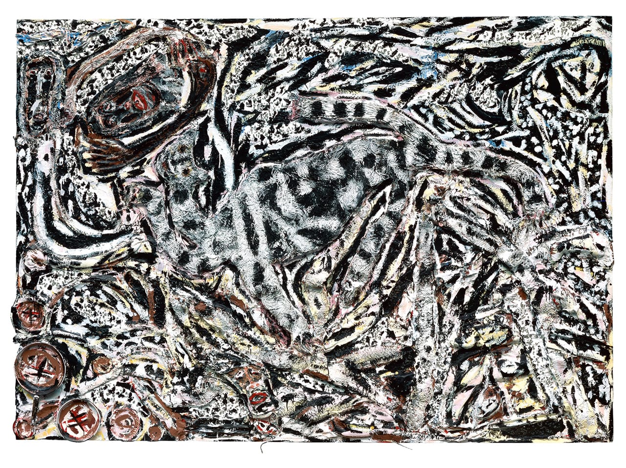 Thornton Dial, “The Last Day of Martin Luther King” (1992), wood, carpet, rope carpet, wire screen, metal pans, broken glass, and broom, 80 x 113.5 x 4.5 inches (photo by Stephen Pitkin/Pitkin Studio, courtesy Souls Grown Deep Foundation) (click to enlarge)