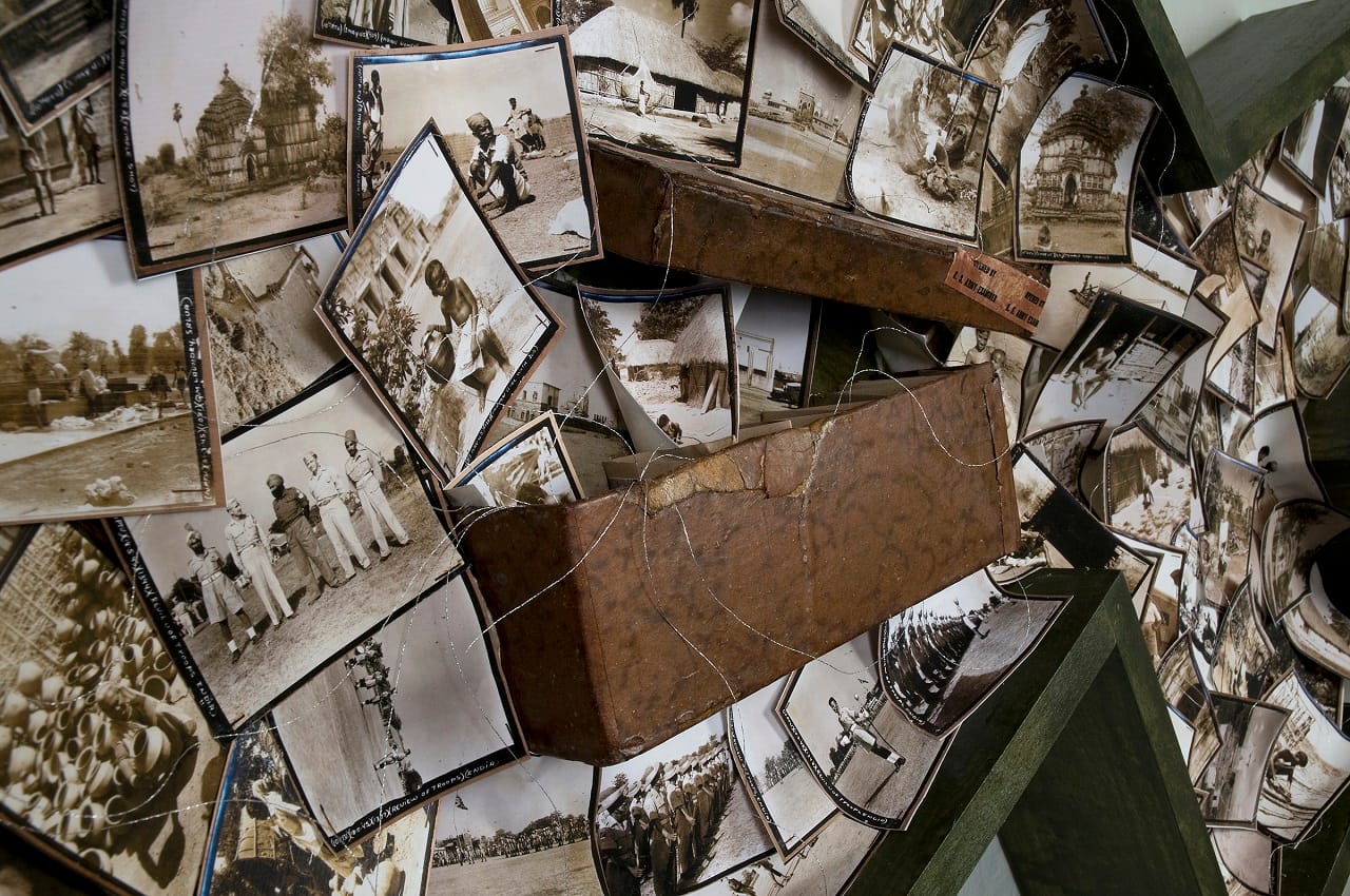 Jerri Zbiral, detail of the “What” component from “What, Where, When, How, Who and Why?” (2015), six shadow boxes, archival inkjet prints, mixed media, and artifacts, 60 x 84 x 3 in