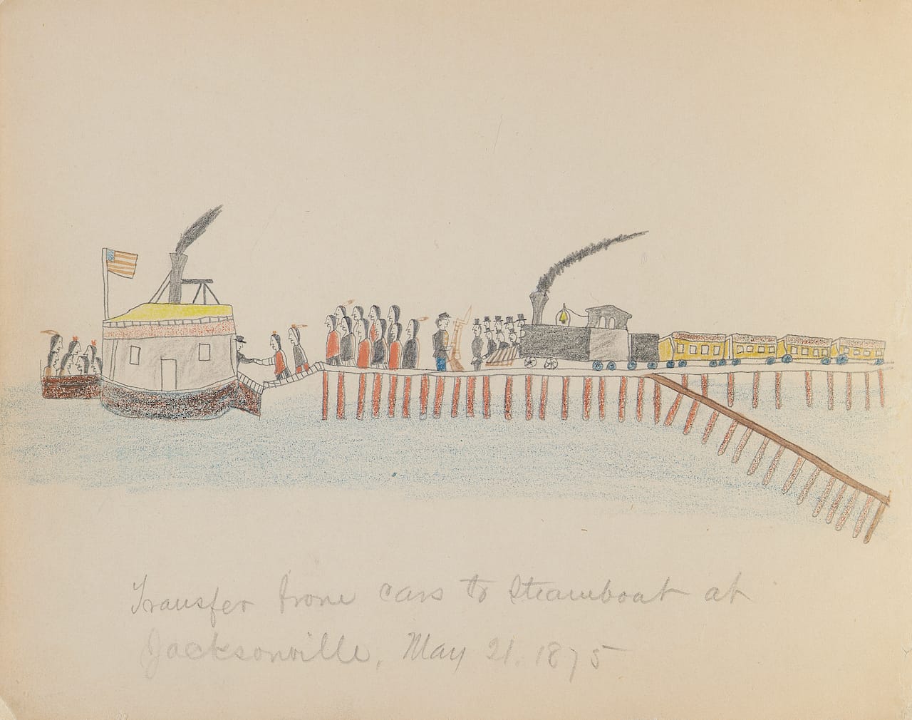 Bear's Heart, "Transfer from Cars to Steamboat at Jacksonville" (May 21, 1875), paper, graphite, crayon. Drawing titled in pencil by Lt. Richard Henry Pratt. (photo by Carmelo Guadagno, NMAI)
