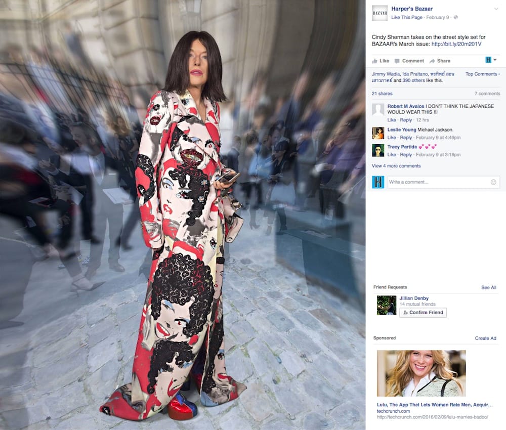 One of Cindy Sherman's photos for the March issue of 'Harper's Bazaar' (screenshot via Facebook)