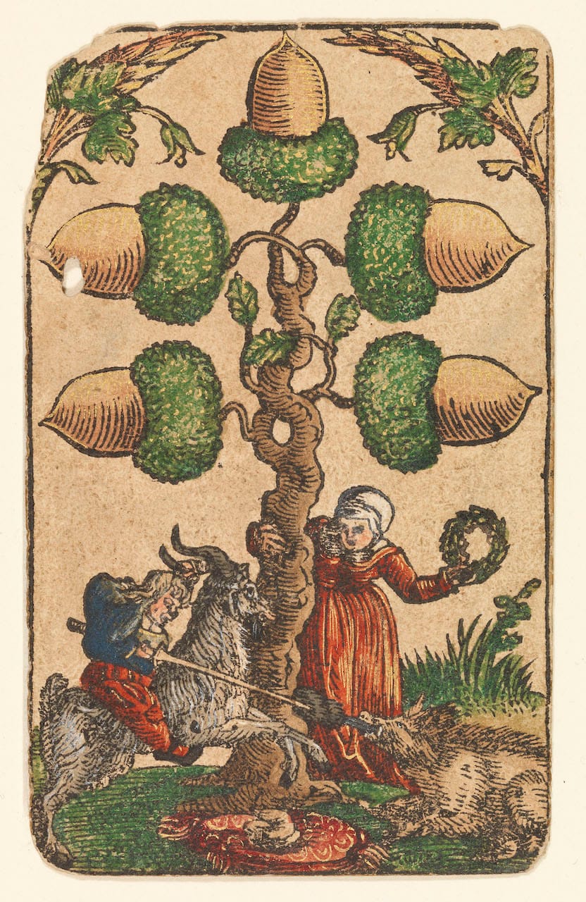 "5 of Acorns" from "The Playing Cards of Peter Flötner," published by Hans Christoph Zell (Nuremberg, 1540), woodcut on paper with watercolor, opaque paint, and gold, 4 1/8 x 2 3/8 inches (© Germanisches Nationalmuseum, Nuremberg, photo by Georg Janssen)