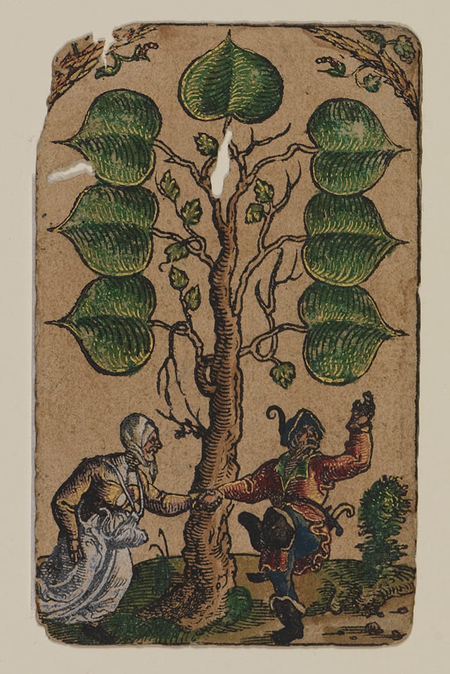 "7 of Leafs" from "The Playing Cards of Peter Flötner," published by Hans Christoph Zell (Nuremberg, 1540), woodcut on paper with watercolor, opaque paint, and gold, 4 1/8 x 2 3/8 inches (© Germanisches Nationalmuseum, Nuremberg, photo by Monika Runge)