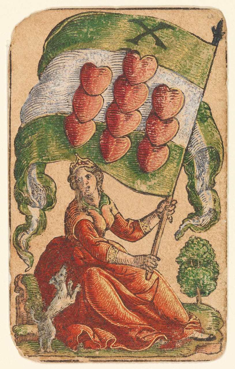 "Banner of Hearts" from "The Playing Cards of Peter Flötner," published by Hans Christoph Zell (Nuremberg, 1540), woodcut on paper with watercolor, opaque paint, and gold, 4 1/8 x 2 3/8 inches (© Germanisches Nationalmuseum, Nuremberg, photo by Georg Janssen)