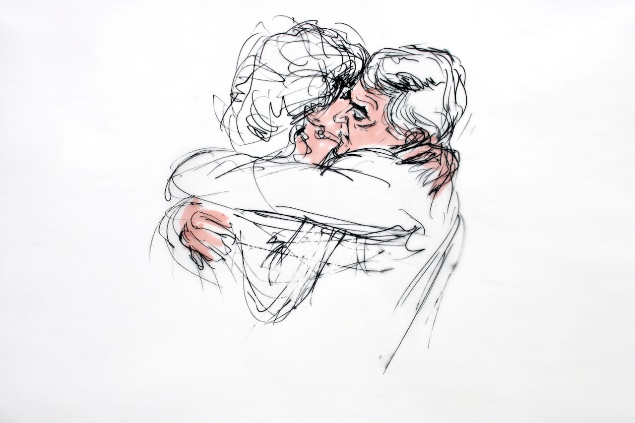 John DeLorean kissing his wife Cristina Ferrare on the day he was acquitted of drug conspiracy charges (August 16, 1984), illustrated by Bill Robles. (courtesy Library of Congress Prints and Photographs Division)