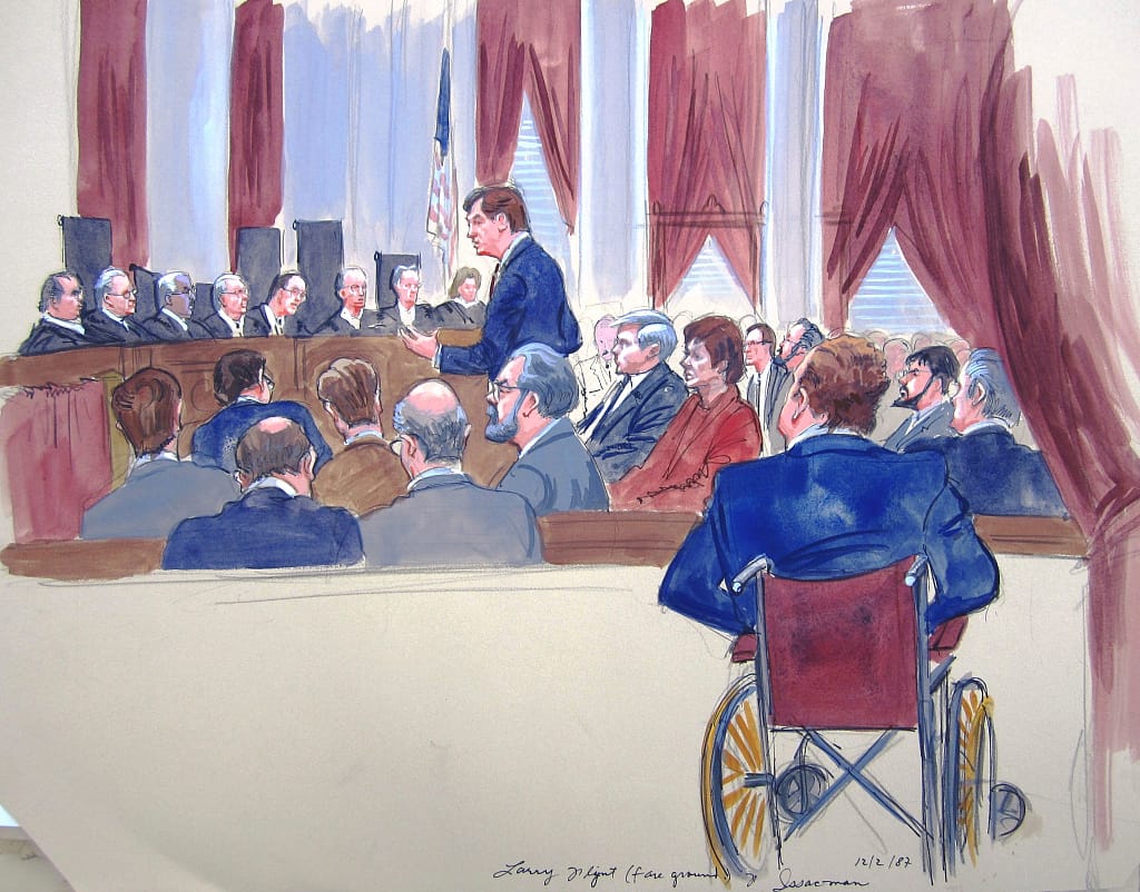 'Hustler Magazine' case before the Supreme Court; Larry Flynt in foreground, his attorney Alan Isaacman talking before the court (Dec. 2, 1987), illustrated by Aggie Kenny (courtesy Library of Congress Prints and Photographs Division)