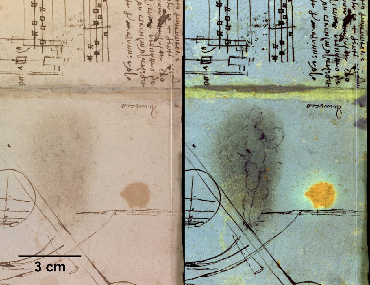 Folio from a Leonardo da Vinci notebook, with the naked eye view at left, and the multispectral imaging view at right (courtesy British Library)