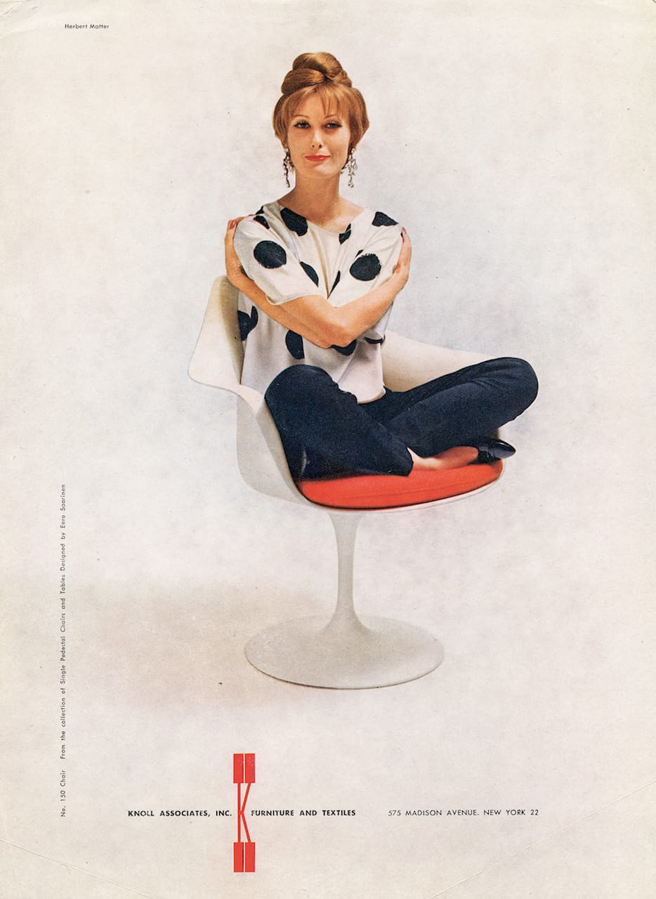 Advertisement for Eero Saarinen's Pedestal Chair from furniture manufacturer Knoll (© Herbert Matter; photographer unknown/Eero Saarinen Collection (MS 593). Manuscripts and Archives, Yale University Library)