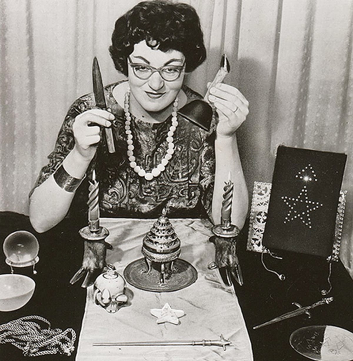 Doreen Valiente with various pagan objects (courtesy Doreen Valiente Foundation)
