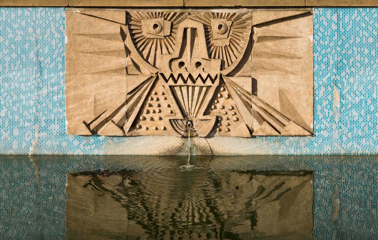 Post War Public Art. Seven reliefs/mosaics (1963) by William Mitchell, The Water Gardens, Harlow, Essex. Detail view from the south of relief/mosaic No.4 (ordered from west to east)