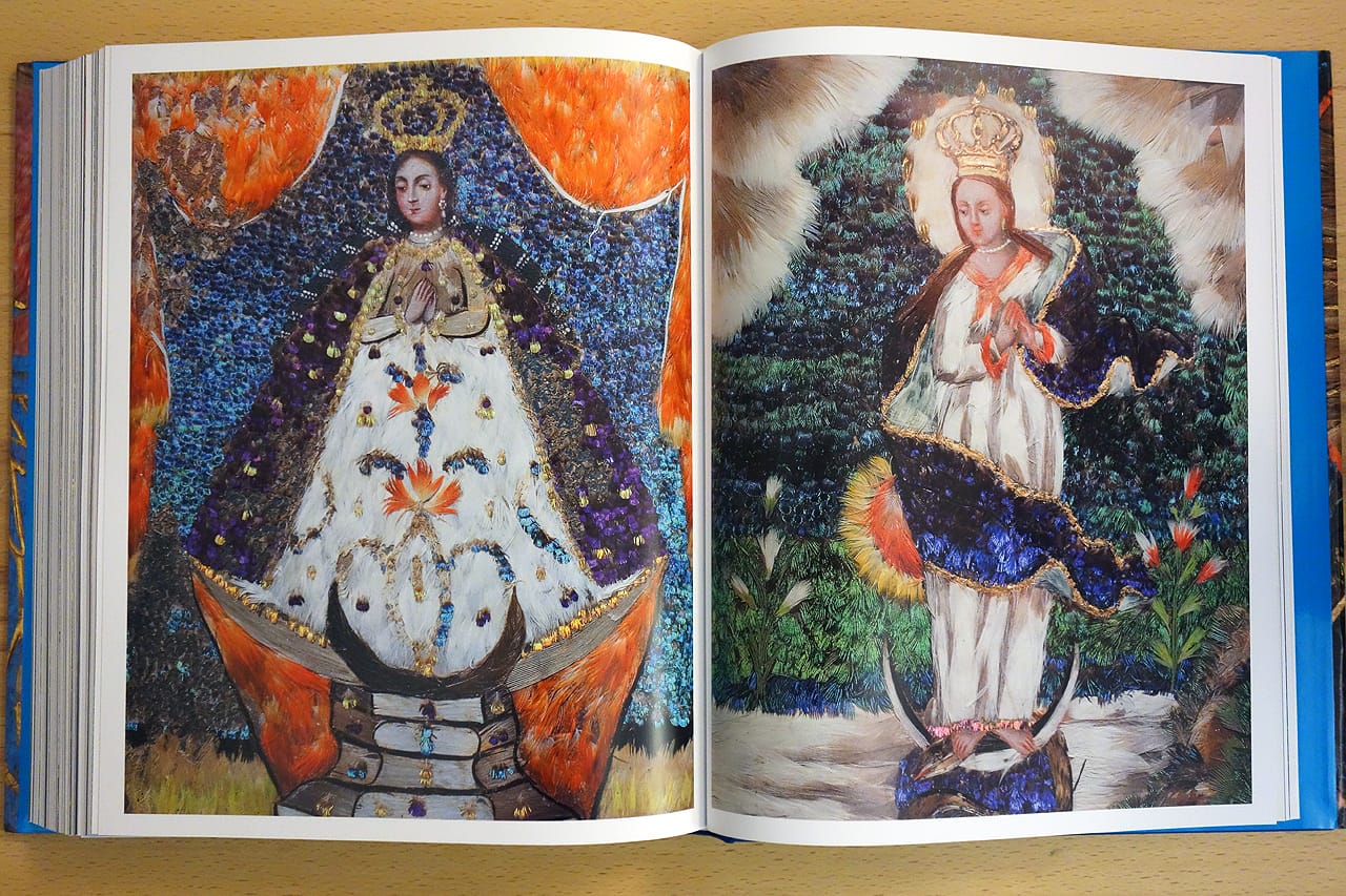Pages from 'Images Take Flight: Feather Art in Mexico and Europe' (photo of the book for Hyperallergic)