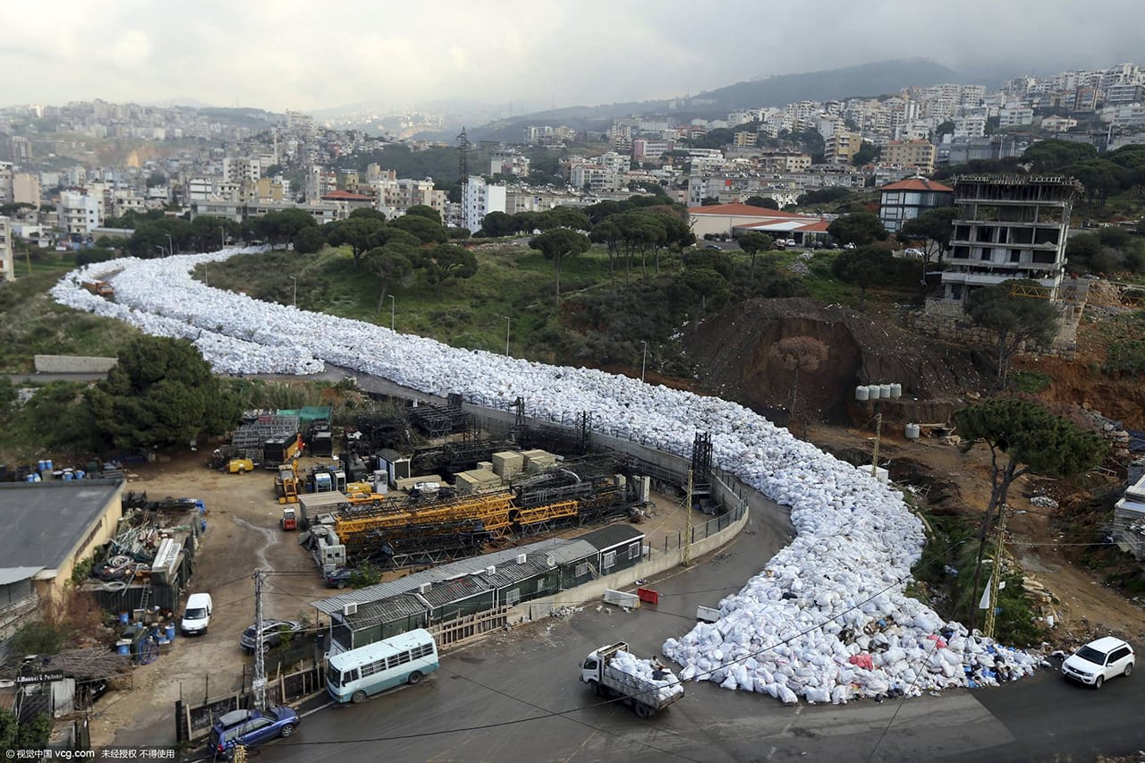 This photo from China's CCTV demonstrates how "art-like" the garbage crisis in Lebanon has become as bags continue to pile up with no end in sight. (via Facebook)