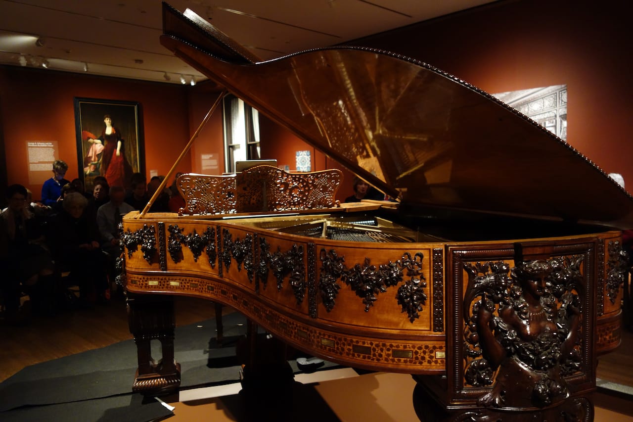 The 1882 Steinway with case by George A. Schastey installed at the Metropolitan Museum of Art (photo by the author for Hyperallergic)