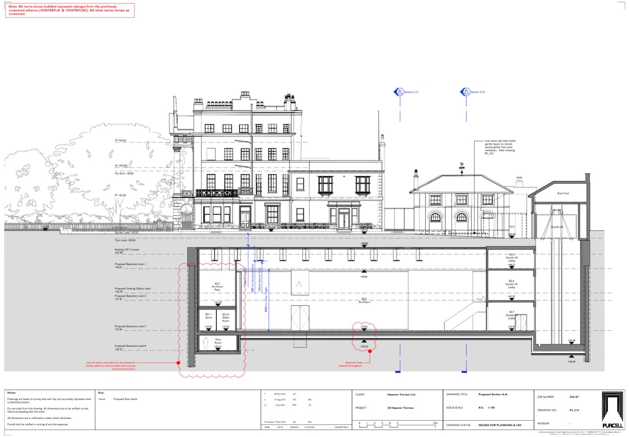 Plans for the expansion of Damien Hirst's mansion at 20 Hanover Place (by Purcell, via westminster.gov.uk)