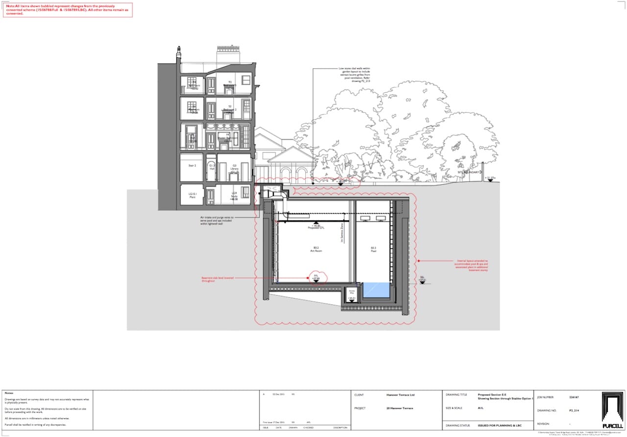 Plans for the expansion of Damien Hirst's mansion at 20 Hanover Place (by Purcell, via westminster.gov.uk)