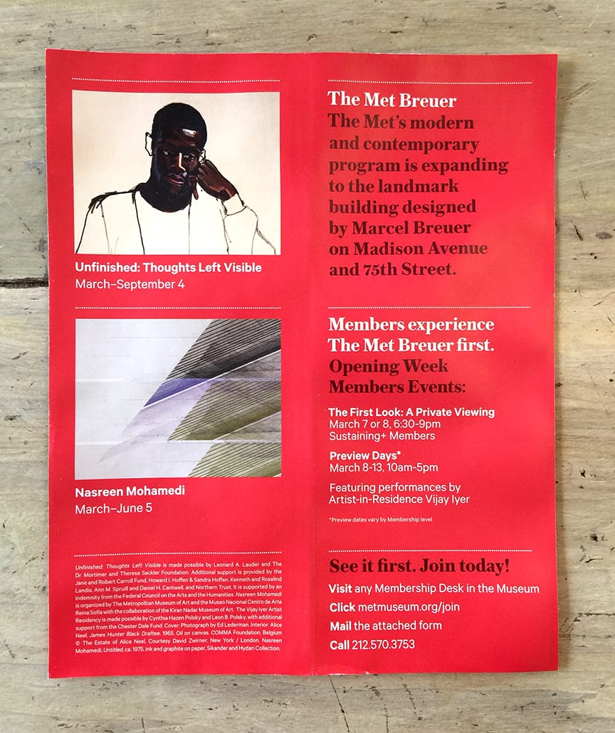 Back cover of the official membership mailer from THE MET Breuer (click to enlarge)