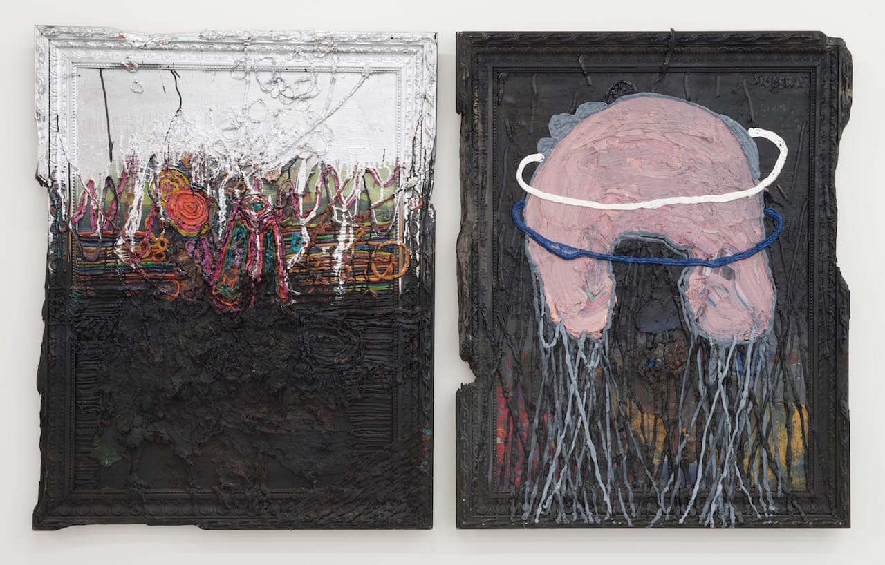 Jigger Cruz, "Poor Sunset Boulevard" (2015), oil on canvas and wood, diptych: 47 1/2 x 76 1/2 x 3 in
