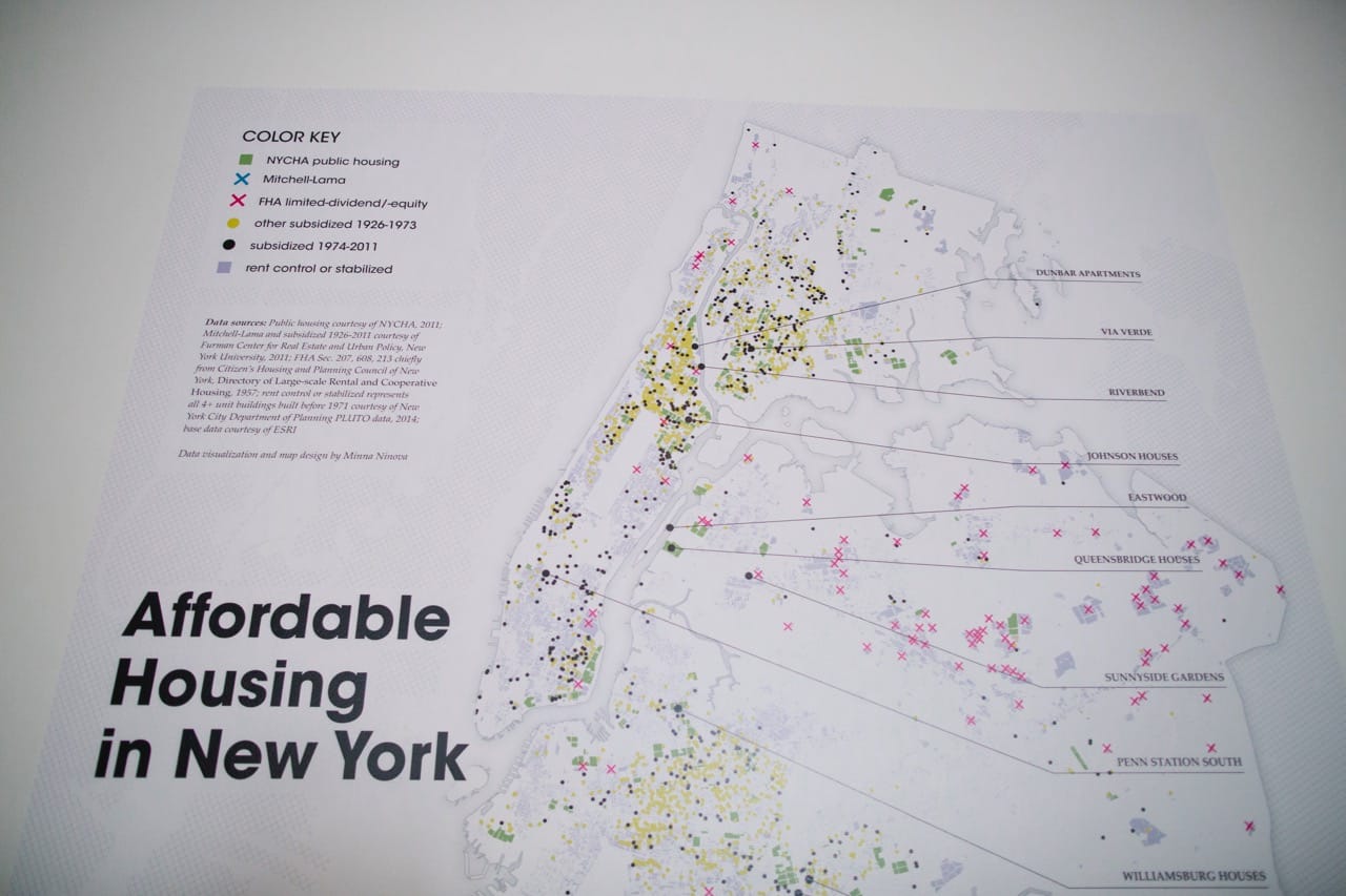 Map of affordable housing schemes throughout the five boroughs. All photos by Natalie Conn, courtesy of Hunter East Harlem Gallery