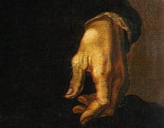 Detail of Michelangelo's left hand in Jacopino del Conte, "Michelangelo Buonarroti" (ca. 1535) 