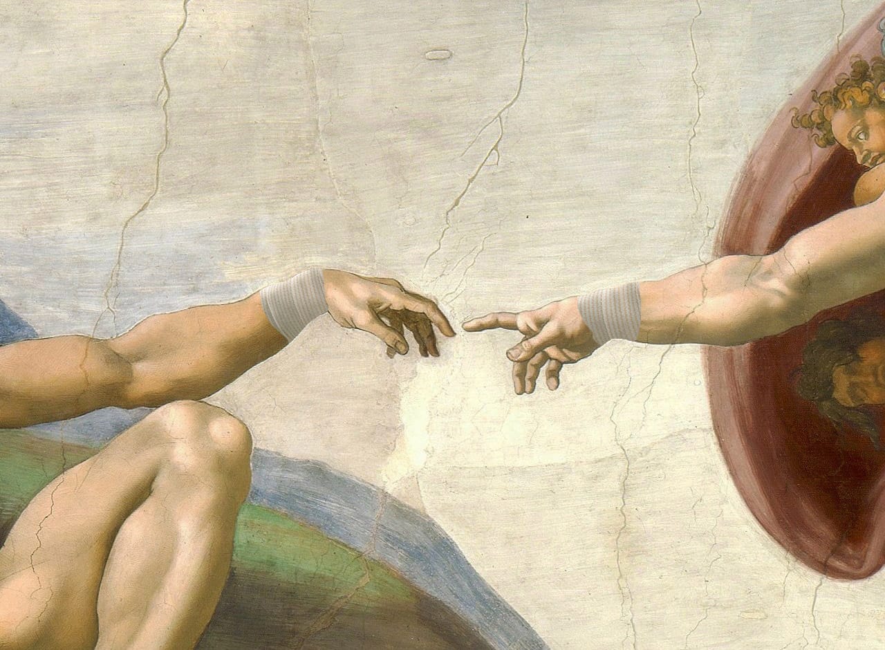 Rendering of Michelangelo's "The Creation of Adam," if Adam and god had suffered from aching wrist joints (illustration by the author for Hyperallergic)