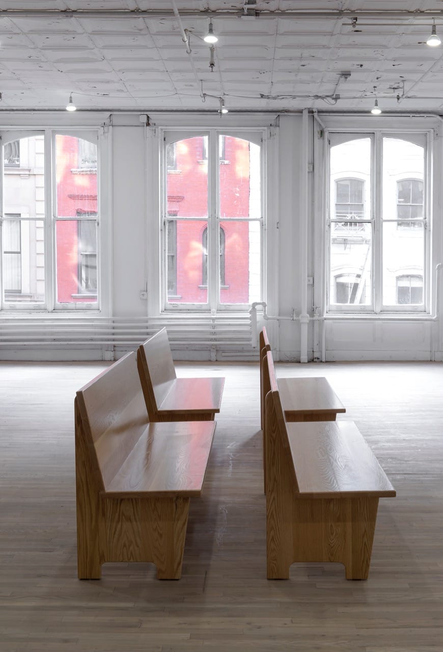 New York State Unified Court System, 2016 Oak wood, distributed by Corcraft 165   57.5   36 inches Rental at cost Courtrooms throughout New York State use benches built by prisoners in Green Haven Correctional Facility. The court reproduces itself materially through the labor of those it sentences. Courtesy of the artist and ESSEX STREET, New York Photo: Adam Reich