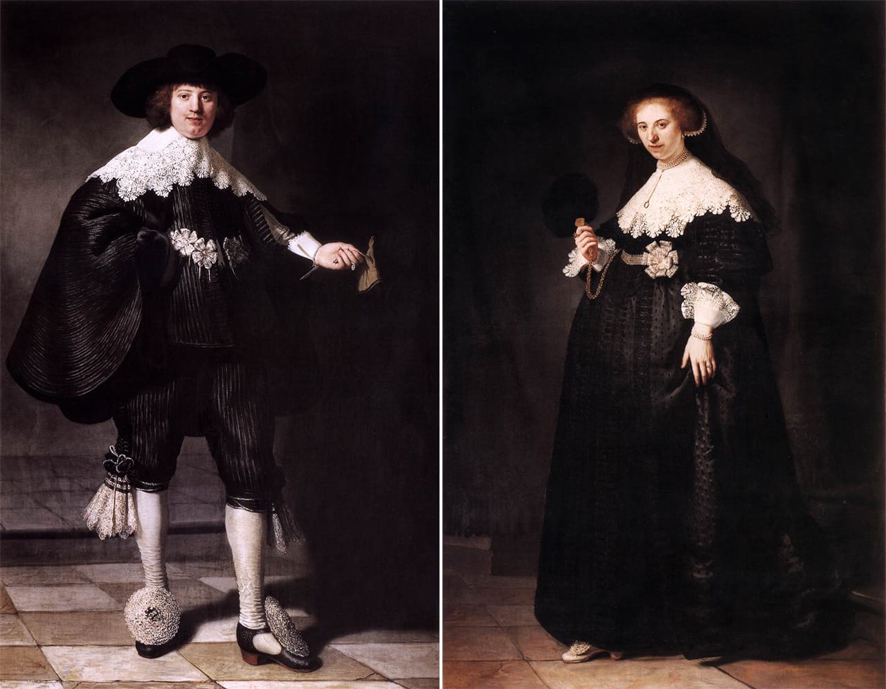 Rembrandt's "Portrait of Marten Soolmans" and "Portrait of Oopjen Coppit" were jointly acquired by the Louvre and Rijksmuseum. (images via Wikimedia Commons and Wikimedia Commons)