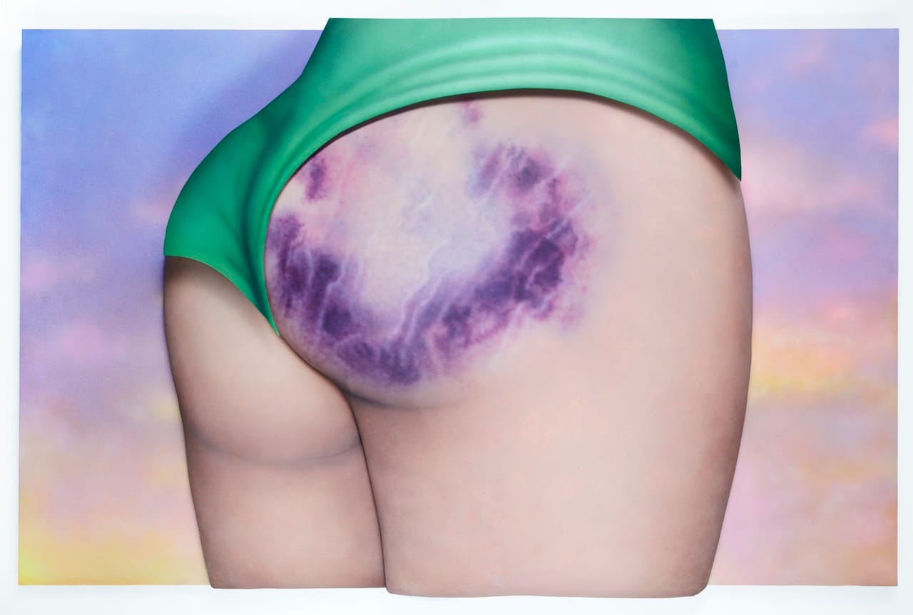 Riikka Hyvönen - Good God! (To the Bruise and the Booty) Way to Go Out with a Bang!, 2015, Acrylic on MDF and leather, 115 x 180 x 15 cm