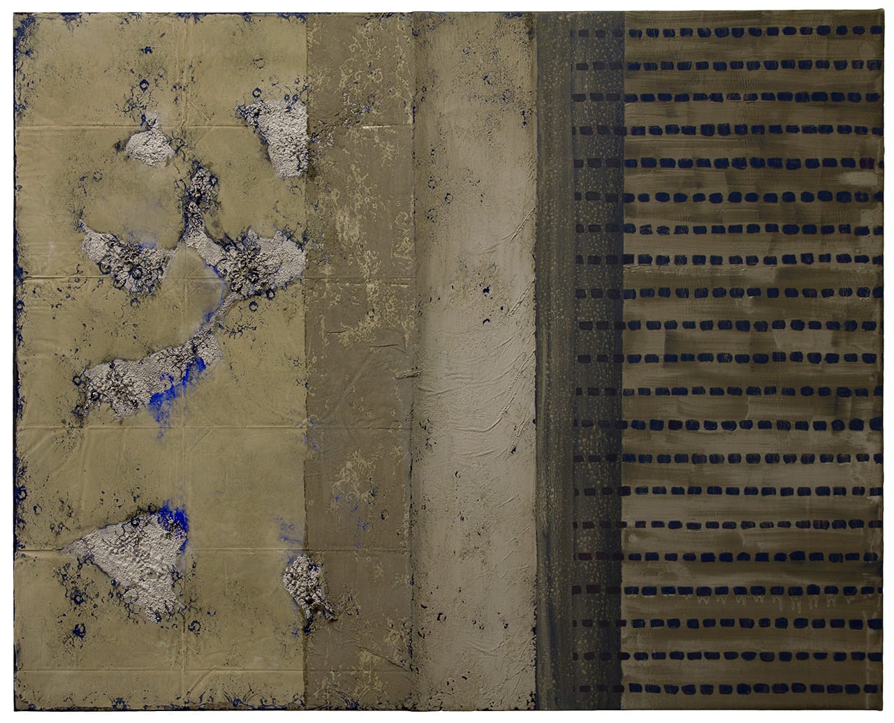 Naomi Safran-Hon, "Wadi Salib (from memory): Blue Window with shades" (2014), pigment, lace, cement, and fabric, 48 x 60 in