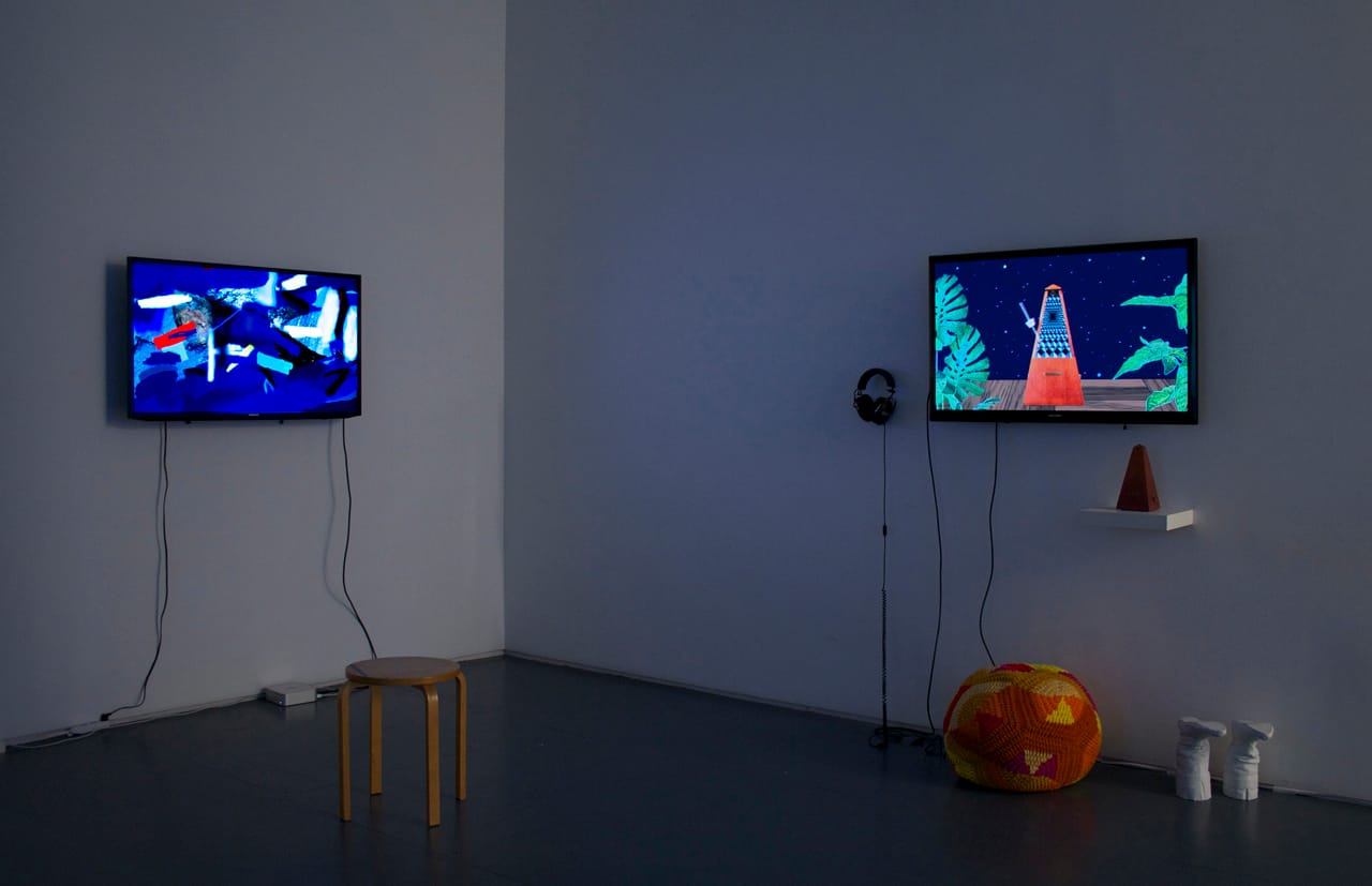 Leah Beeferman, "Supersolid 1" (2014) and Erica Magrey, "Tag Sale Cosmology" (2016). Image courtesy Klaus Von Nichtssagend Gallery. 