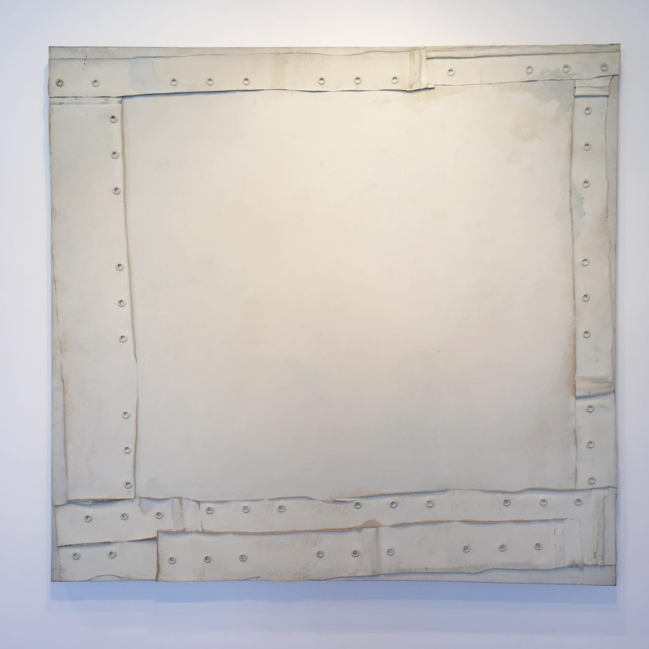 "Untitled" (1972), Oil, gesso, canvas, collage, and metal on canvas, 64.75 x 68 in. (Image courtesy the author for Hyperallergic) 
