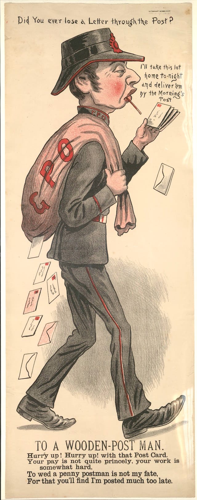 A vinegar valentine for the "wooden post man" (via British Postal Museum)