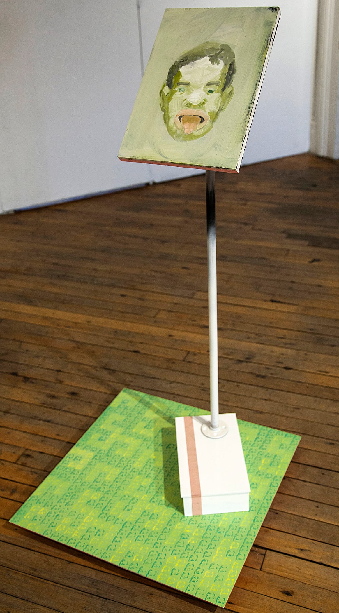 Steve Locke, "we touched the water" (2007–15), oil on panel with stripped and painted poles, flanges, and connectors on wood base with acrylic and latex and oil on beveled panel, 10w x14h (portrait), 50h x 24w x 24d (click to enlarge)