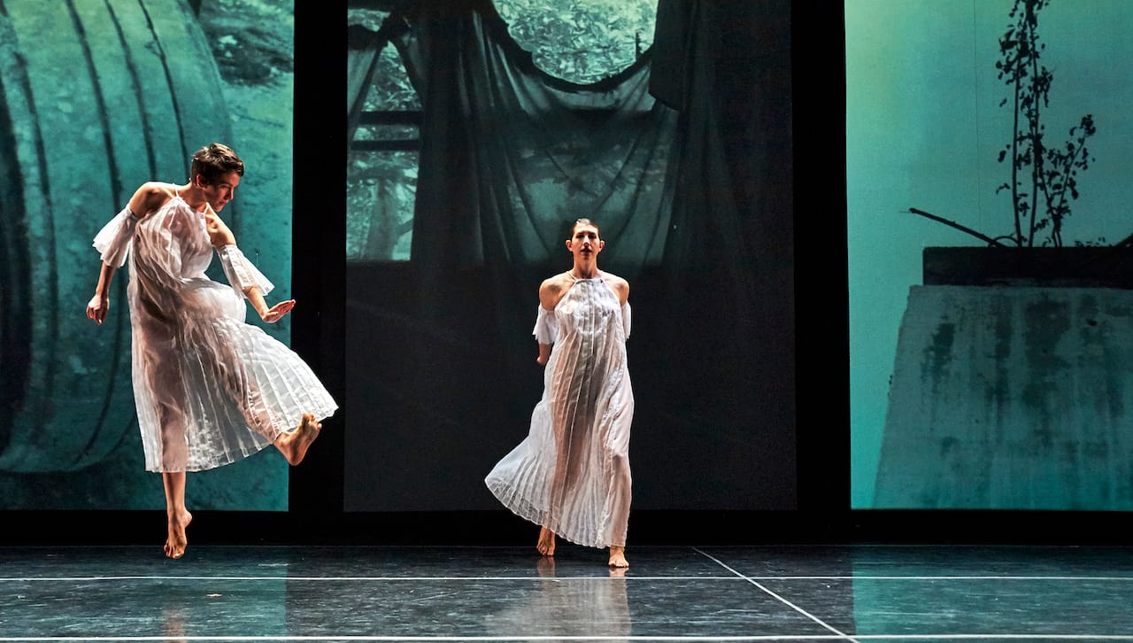 Cori Kresge (left) and Emily Stone (right) in Stephen Petronio Company's performance of Trisha Brown’s “Glacial Decoy” (photo by Robert Altman, courtesy Stephen Petronio Company)