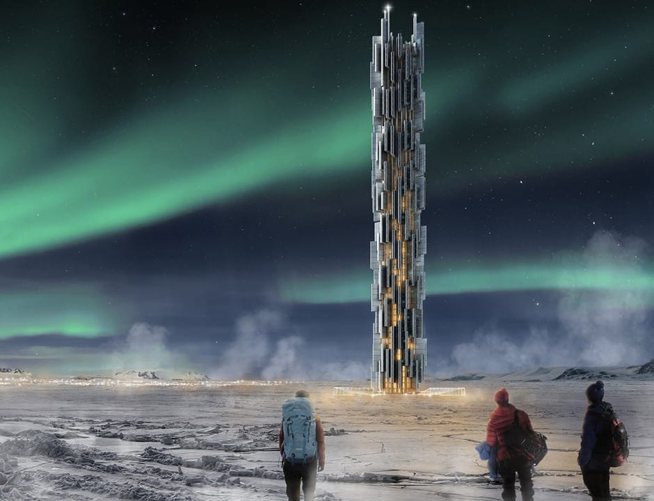 Valeria Mercuri and Marco Merletti, rendering for "Data Tower," a concept for a&nbsp;sustainable skyscraper in Iceland for web servers, third place winner in eVolo Skyscraper Competition 2016