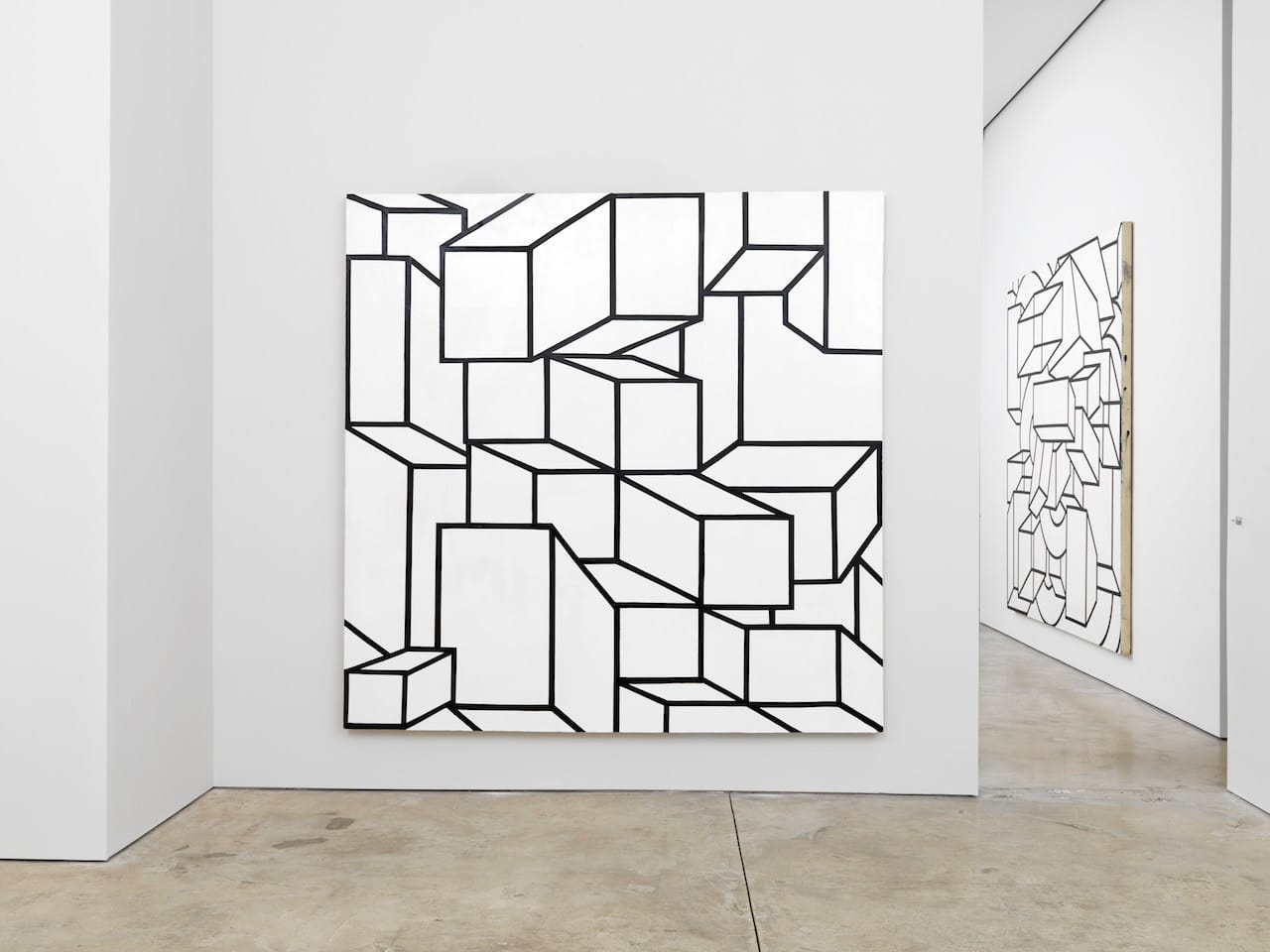 Installation view of 'Al Held: Black and White Paintings' at Cheim & Read with "B/W XIV" (1968) at center (photo by Brian Buckley for Cheim & Read, New York)