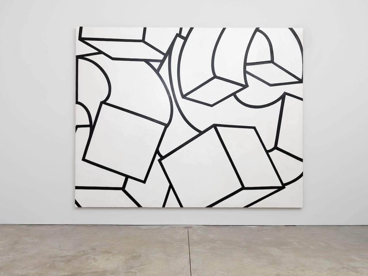 Installation view of 'Al Held: Black and White Paintings' at Cheim & Read with "Esopus I" (1969) at center (photo by Brian Buckley for Cheim & Read, New York)