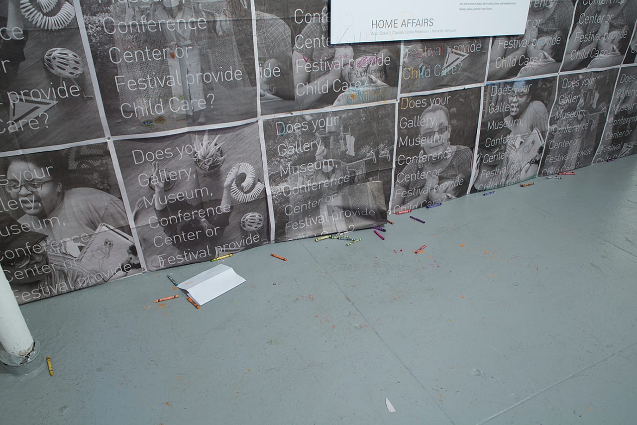 Home Affairs, "And Everything Else" (2015) installation at EFA Project Space, with remnants of children's coloring (photo courtesy the artists and The Elizabeth Foundation for the Arts)