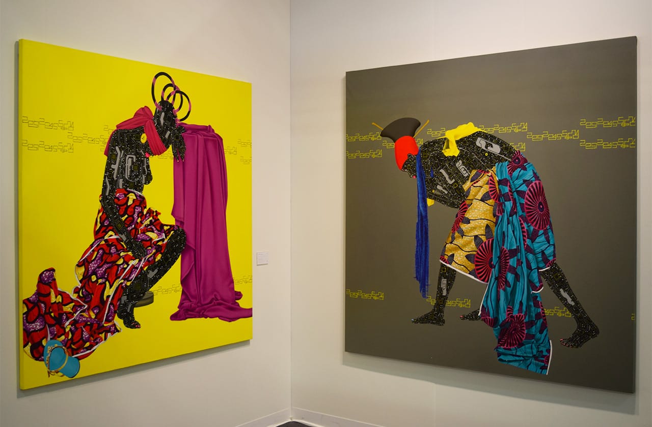 Eddy Kamuanga Ilunga's "Lost" (2015, left) and "No Identity, No Evolution" (2015, right) in the October Gallery booth at the 2016 Armory Show