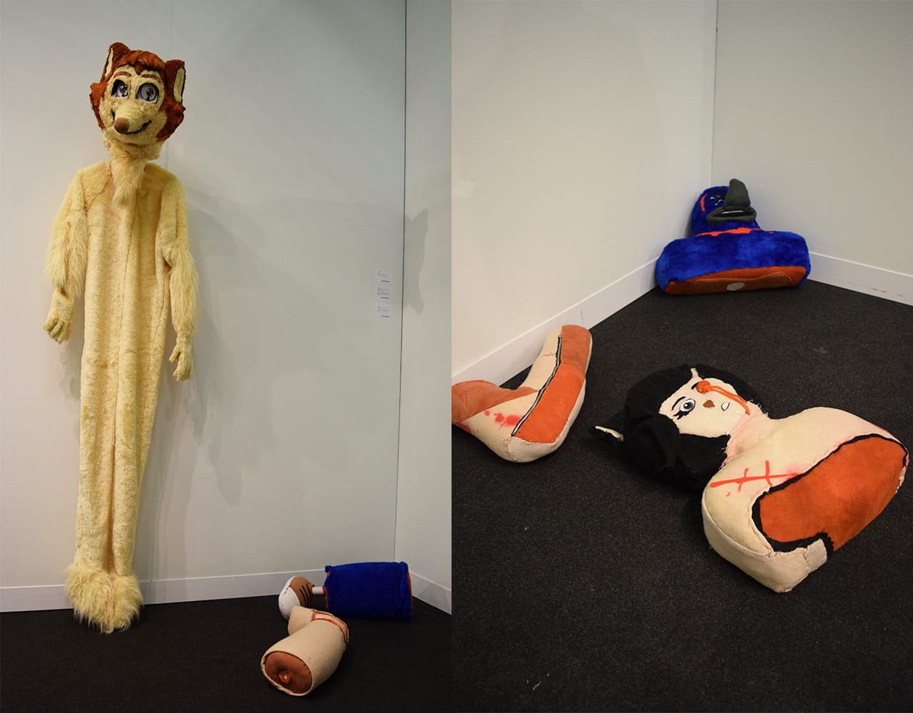 Ed Fornieles's "Furry" (2016, far left) and "Virtual Insanity, Cosmic Girl, Ballad of Big Nothing, A Fond Farewell, It's My Life" (2015) in the Carlos/Ishikawa booth at the 2016 Armory Show