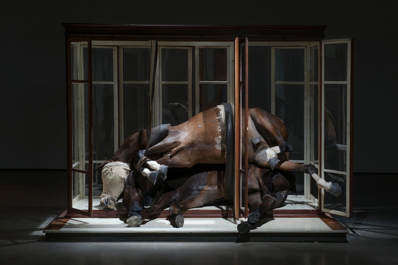 Berlinde De Bruyckere, "No Life Lost II" (2015), horse skin, wood, glass, fabric, leather, blankets, iron, and polyester (photo by Mirjam Devriendt)