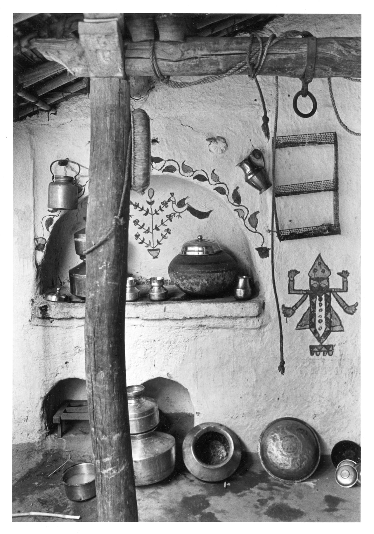Bhupendra Karia, "Painted Wall with Brass Pots," (Dewat, 1969)