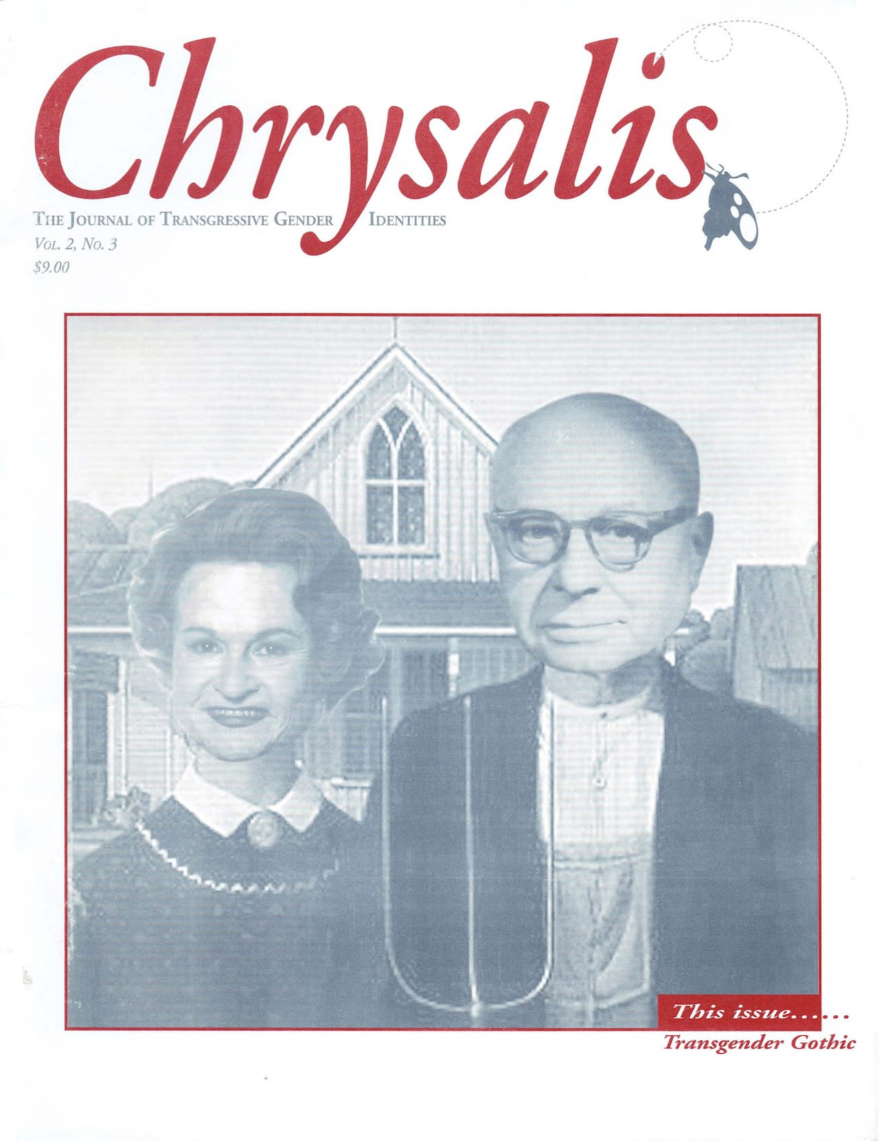 A 1996 cover of 'Chrysalis Quarterly,' featuring sexologist Harry Benjamin and transgender activist Virginia Prince in a rendition of Grant Wood's 'American Gothic'